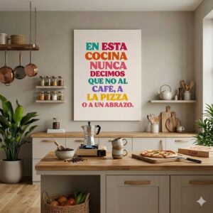 Cuadro decorativo "En esta cocina nunca decimos que no al café, a la pizza o a un abrazo"